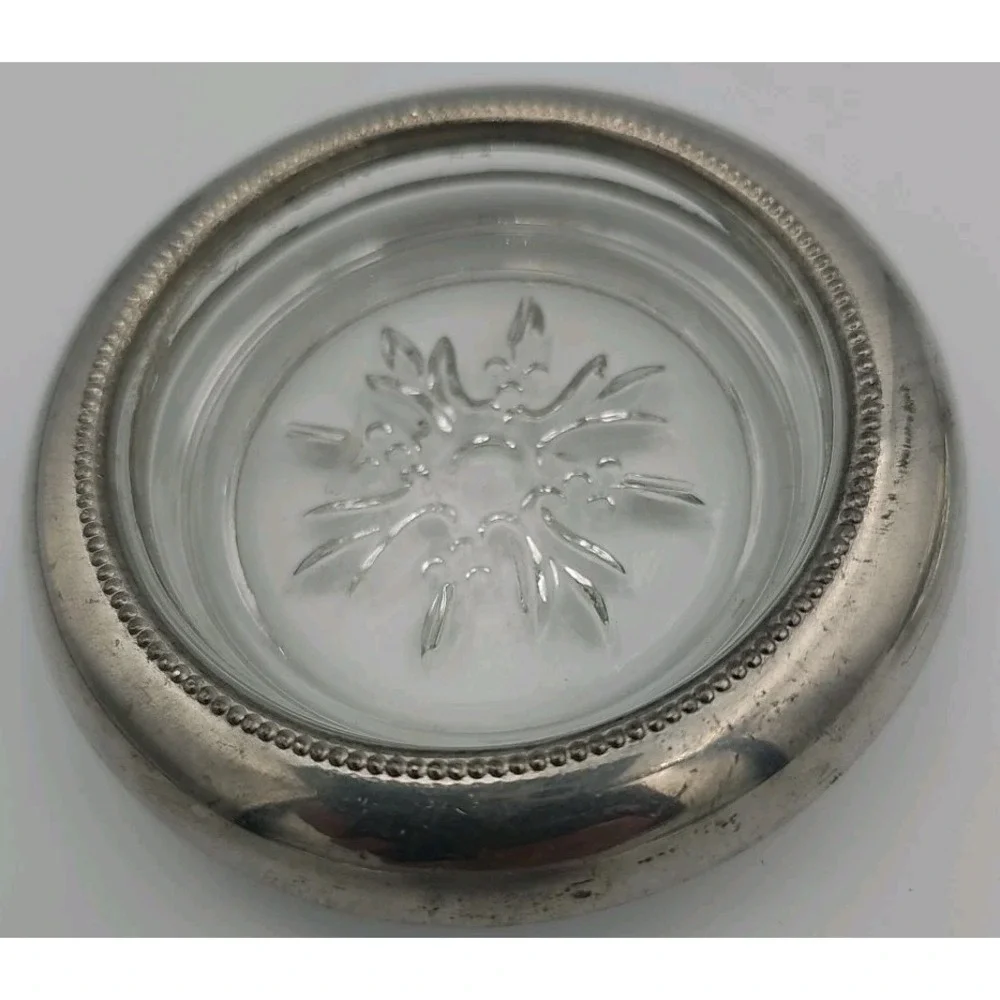 Vintage Empire Pewter Silver Glass Coaster Ashtray Set Stackable Art Deco 2pc